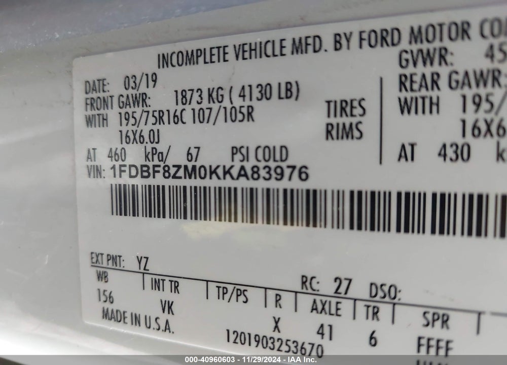 2019 FORD TRANSIT-350 CAB VIN: 1FDBF8ZM0KKA83976