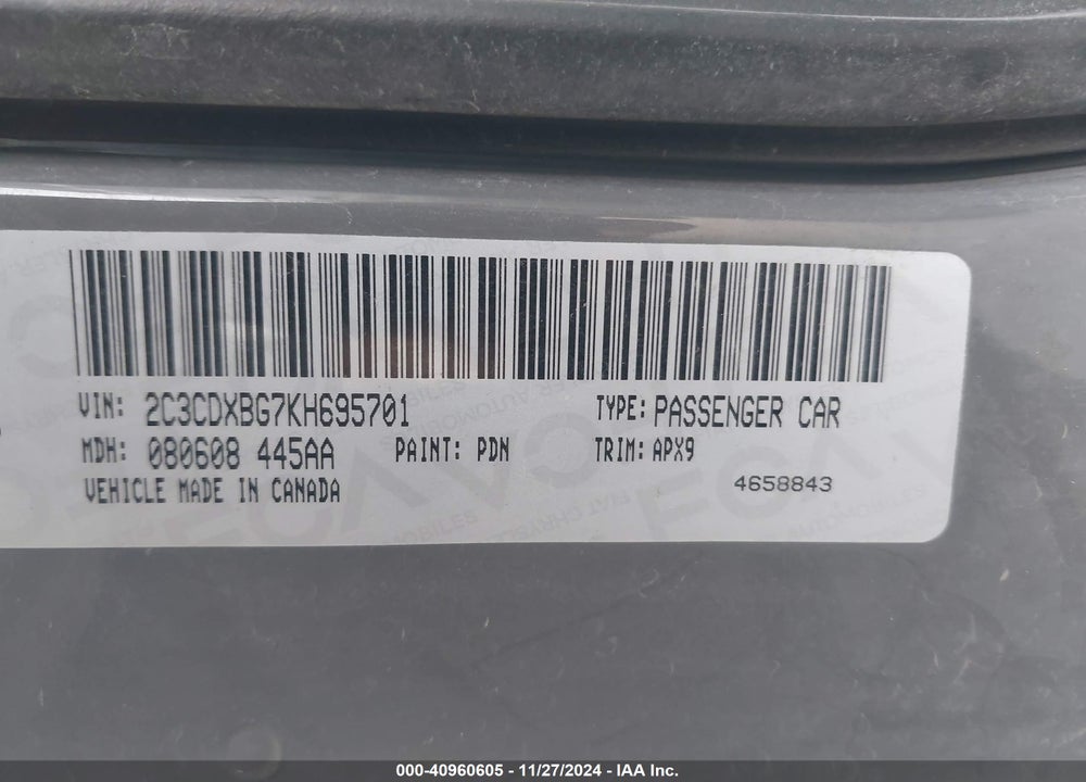2019 DODGE CHARGER SXT RWD VIN: 2C3CDXBG7KH695701