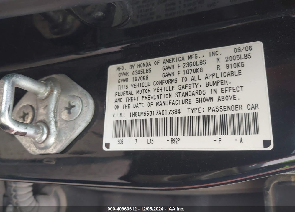 2007 HONDA ACCORD 3.0 LX VIN: 1HGCM66317A017384