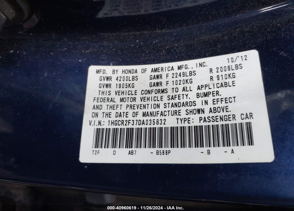 2013 HONDA ACCORD LX VIN: 1HGCR2F37DA035832