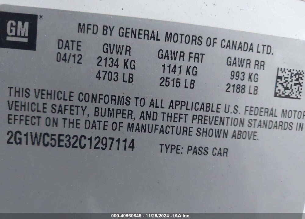 2012 CHEVROLET IMPALA LTZ VIN: 2G1WC5E32C1297114