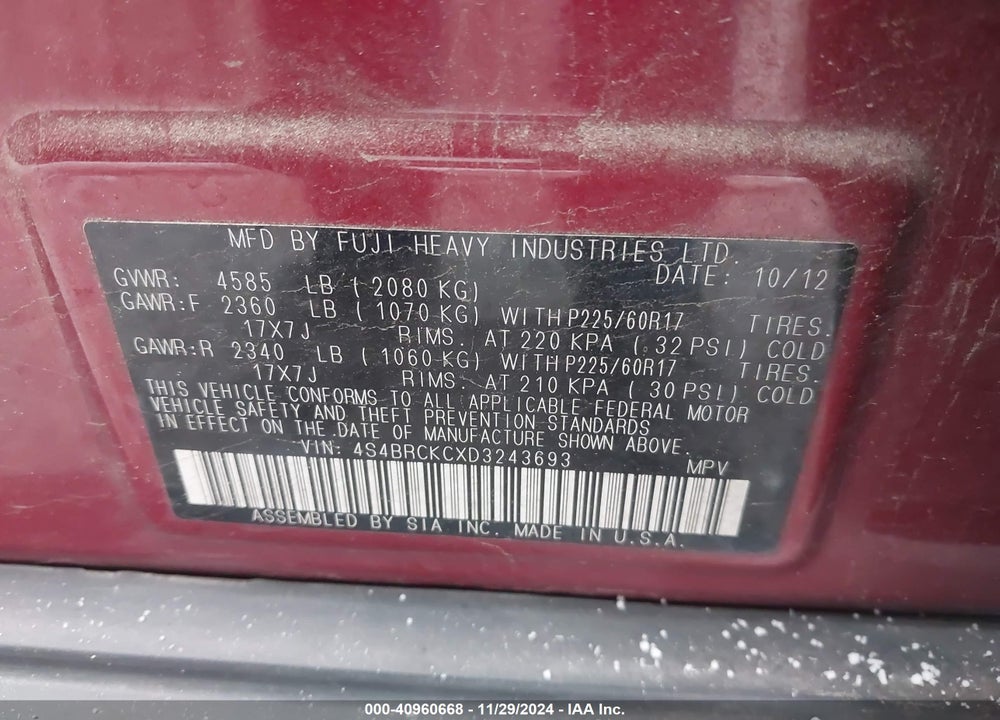 2013 SUBARU OUTBACK 2.5I LIMITED VIN: 4S4BRCKCXD3243693