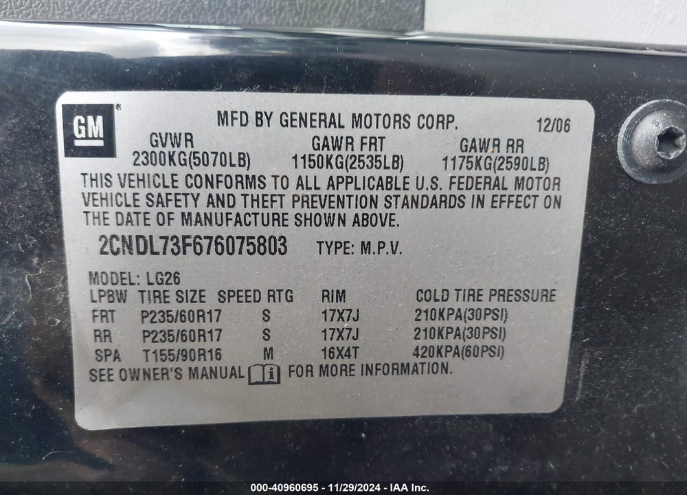 2007 CHEVROLET EQUINOX LT VIN: 2CNDL73F676075803
