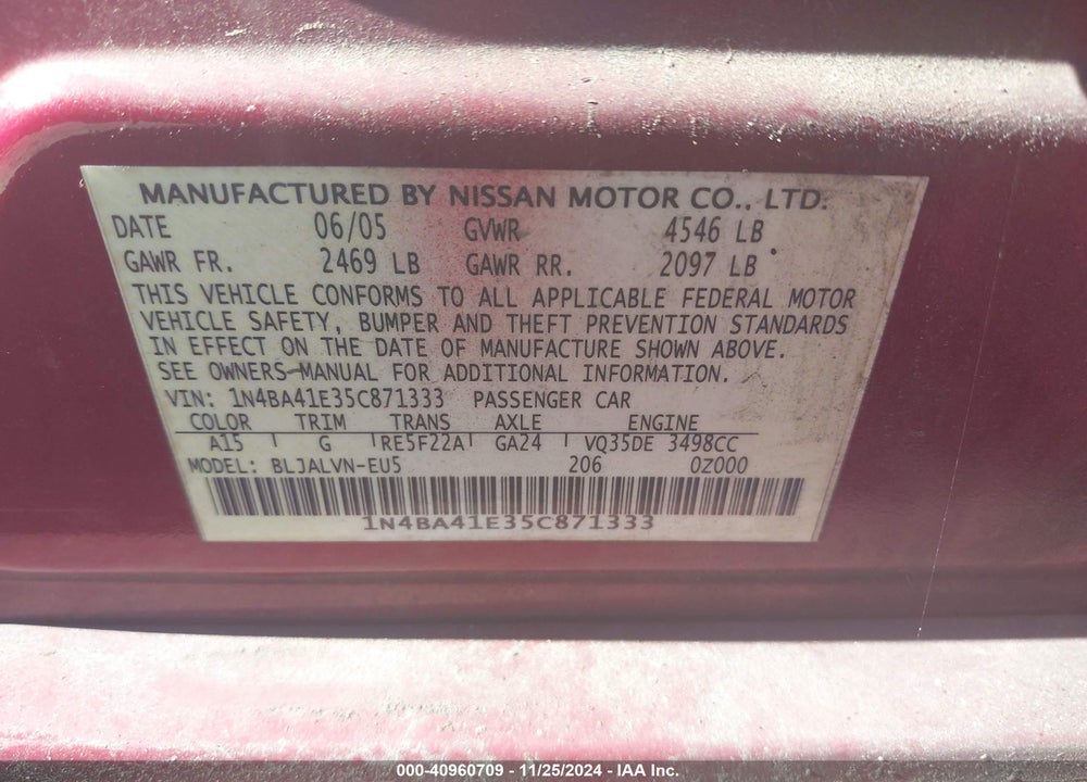 2005 NISSAN MAXIMA 3.5 SL VIN: 1N4BA41E35C871333
