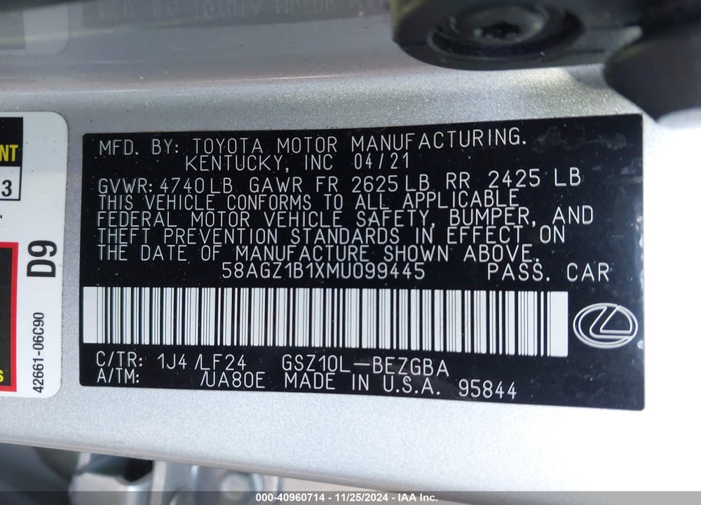 2021 LEXUS ES 350 F-SPORT VIN: 58AGZ1B1XMU099445