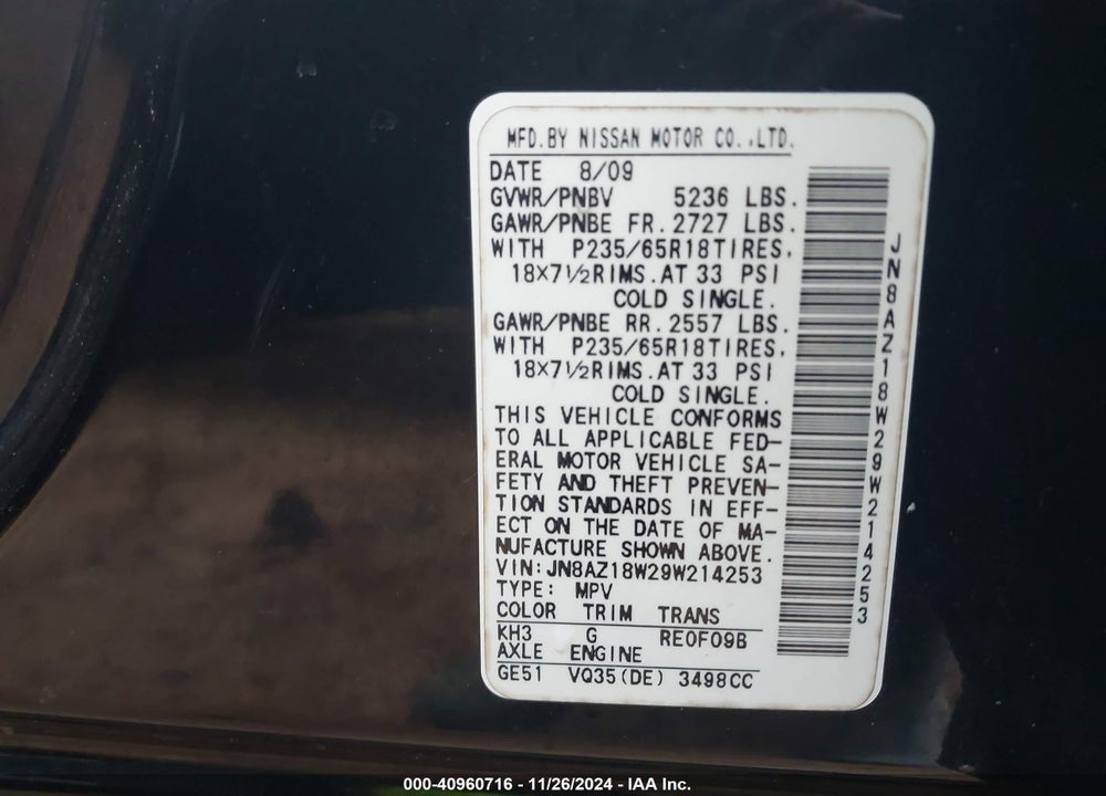 2009 NISSAN MURANO S VIN: JN8AZ18W29W214253