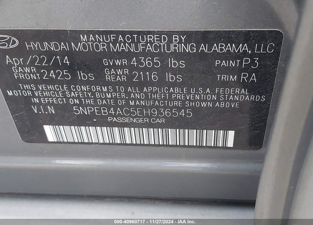 2014 HYUNDAI SONATA GLS VIN: 5NPEB4AC5EH936545