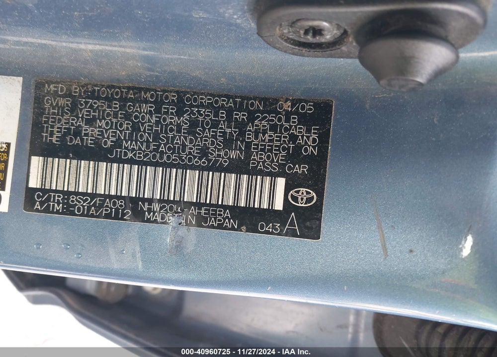 2005 TOYOTA PRIUS VIN: JTDKB20U053066779