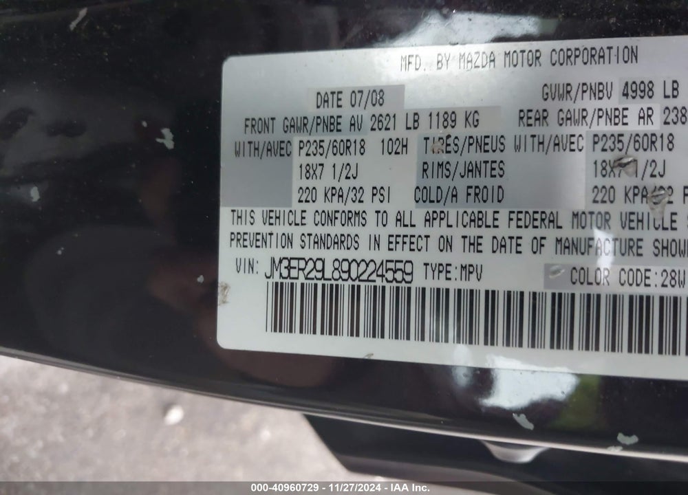 2009 MAZDA CX-7 SPORT VIN: JM3ER29L890224559