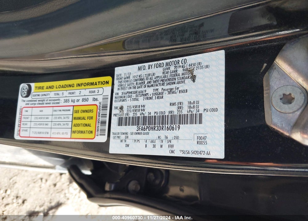 2013 FORD FUSION SE VIN: 3FA6P0HR3DR160619