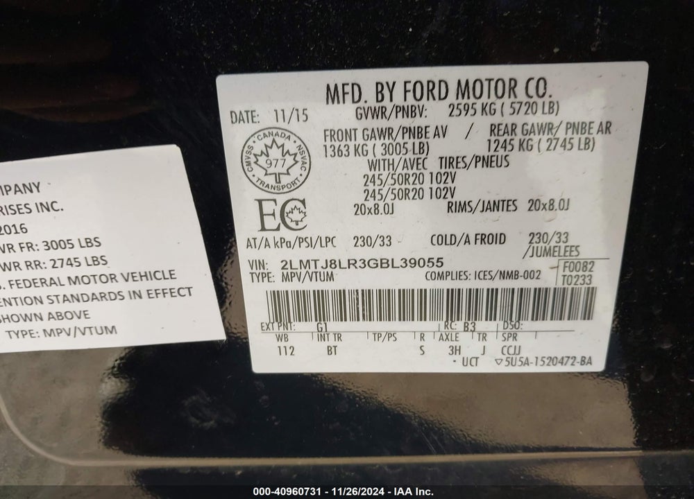 2016 LINCOLN MKX RESERVE VIN: 2LMTJ8LR3GBL39055