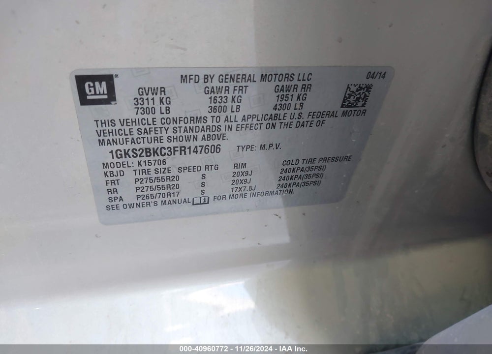 2015 GMC YUKON SLT VIN: 1GKS2BKC3FR147606