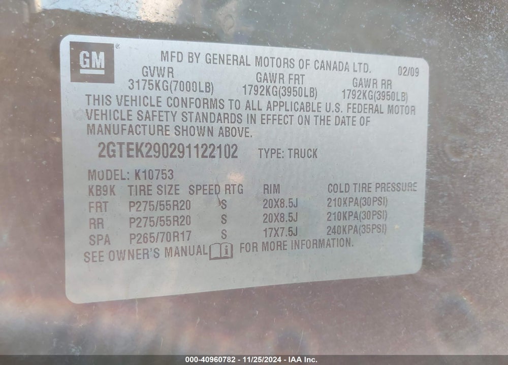 2009 GMC SIERRA 1500 SLE VIN: 2GTEK290291122102