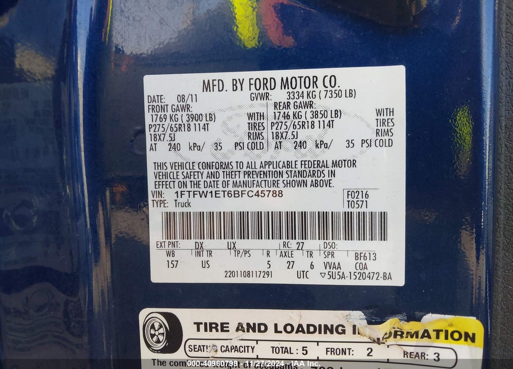 2011 FORD F-150 XLT VIN: 1FTFW1ET6BFC45788
