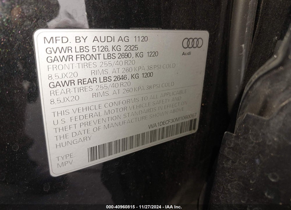 2021 AUDI Q3 PREMIUM 45 TFSI S LINE QUATTRO TIPTRONIC VIN: WA1DECF30M1060067