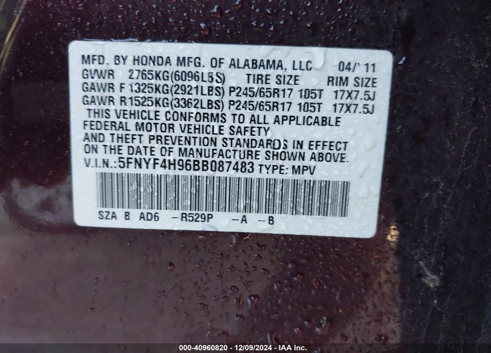 2011 HONDA PILOT TOURING VIN: 5FNYF4H96BB087483