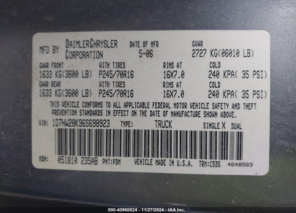 2006 DODGE DAKOTA ST VIN: 1D7HW28K96S698923