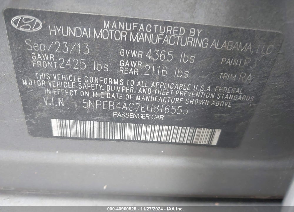 2014 HYUNDAI SONATA VIN: 5NPEB4AC7EH816553