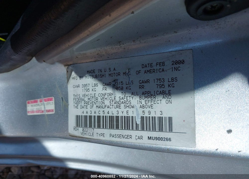 2000 MITSUBISHI ECLIPSE GT VIN: 4A3AC54L3YE115913