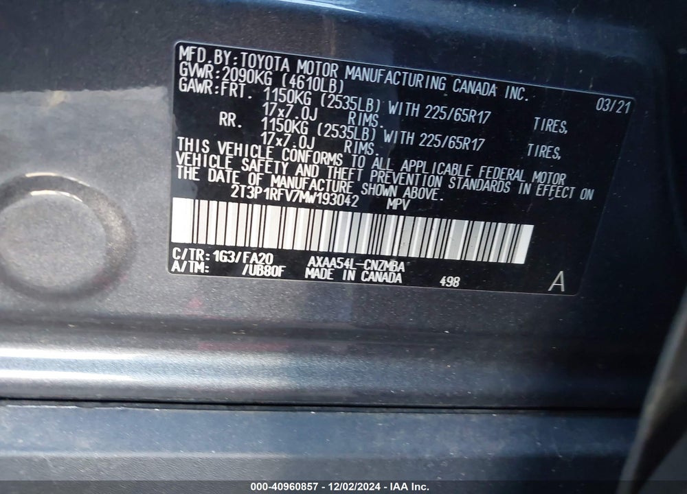 2021 TOYOTA RAV4 XLE VIN: 2T3P1RFV7MW193042