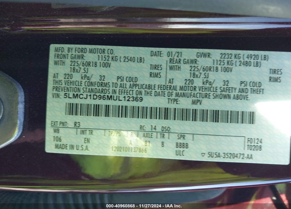 2021 LINCOLN CORSAIR STANDARD VIN: 5LMCJ1D96MUL12369