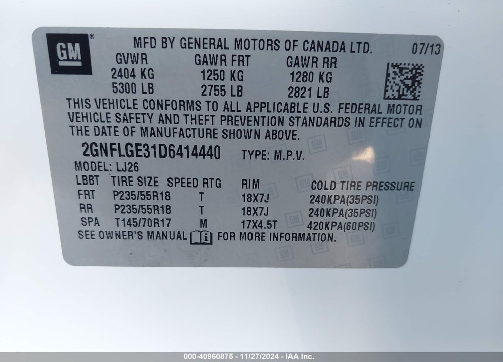 2013 CHEVROLET EQUINOX LTZ VIN: 2GNFLGE31D6414440