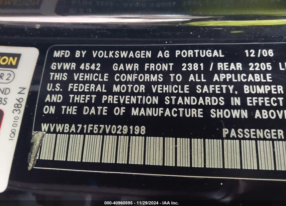 2007 VOLKSWAGEN EOS 2.0T VIN: WVWBA71F57V029198