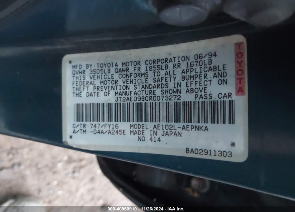 1994 TOYOTA COROLLA LE/DX VIN: JT2AE09B0R0073272