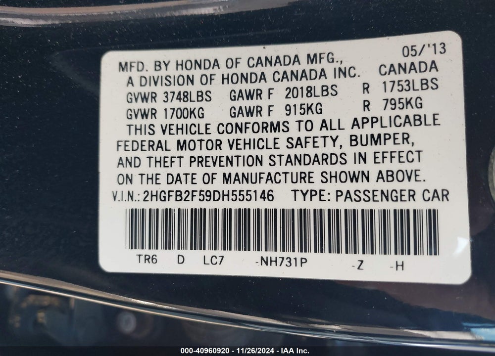 2013 HONDA CIVIC LX VIN: 2HGFB2F59DH555146