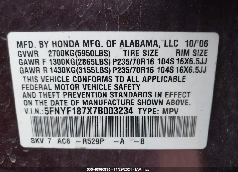 2007 HONDA PILOT EX-L VIN: 5FNYF187X7B003234
