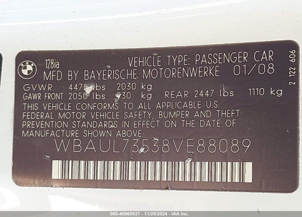 2008 BMW 128I VIN: WBAUL73538VE88089