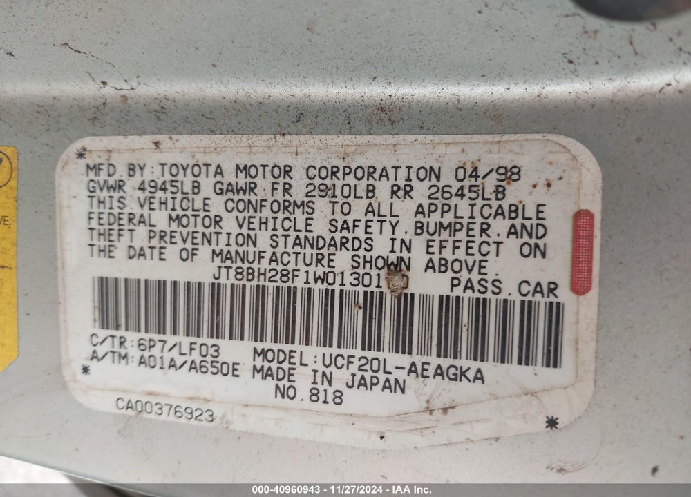 1998 LEXUS LS 400 VIN: JT8BH28F1W0130110