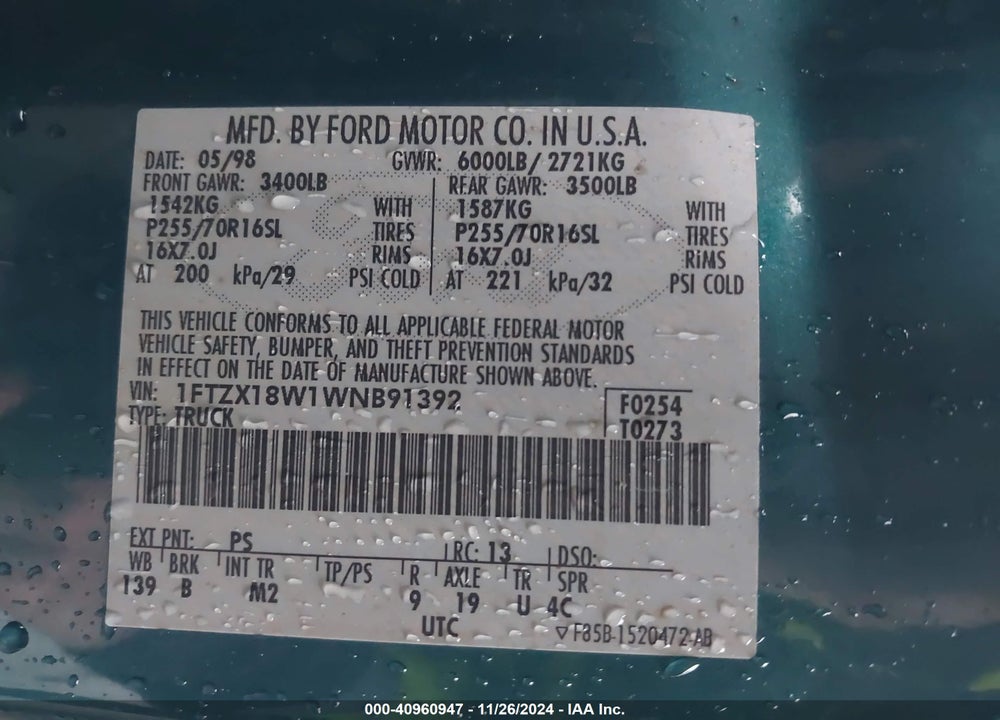 1998 FORD F-150 LARIAT/STANDARD/XL/XLT VIN: 1FTZX18W1WNB91392