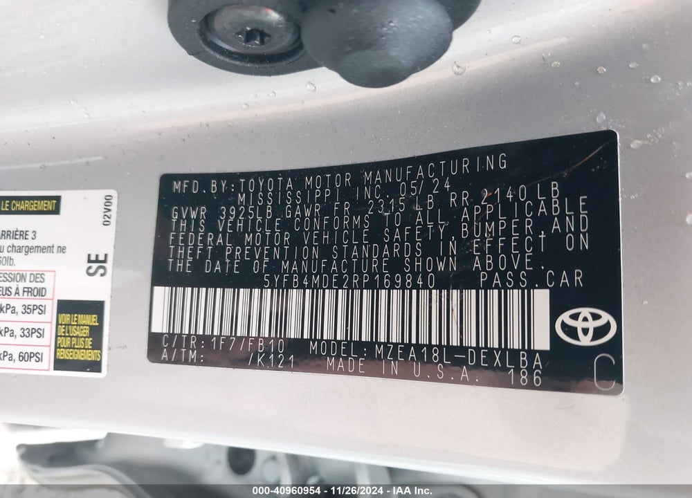 2024 TOYOTA COROLLA VIN: 5YFB4MDE2RP169840