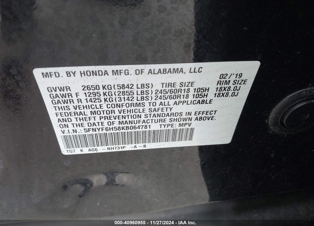2019 HONDA PILOT EX-L VIN: 5FNYF6H58KB064781