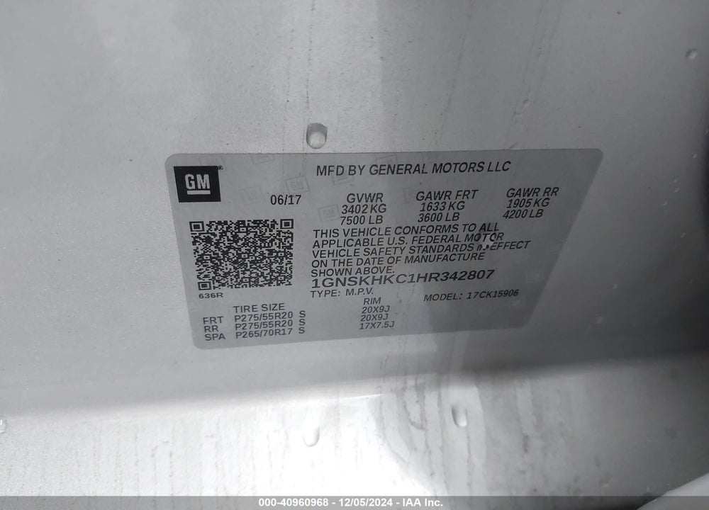 2017 CHEVROLET SUBURBAN LT VIN: 1GNSKHKC1HR342807