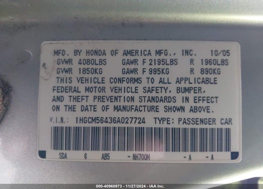 2006 HONDA ACCORD 2.4 LX VIN: 1HGCM56436A027724