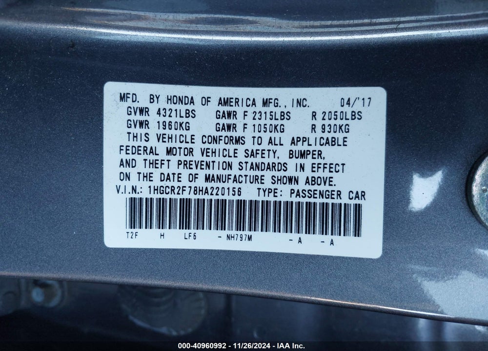 2017 HONDA ACCORD VIN: 1HGCR2F78HA220156