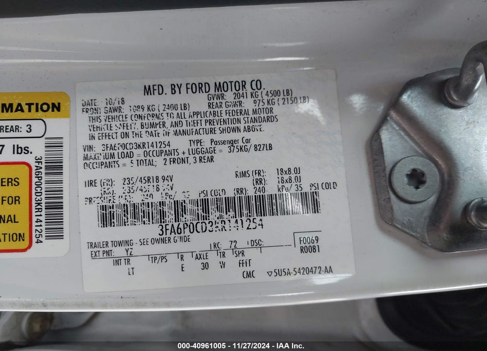 2019 FORD FUSION SEL VIN: 3FA6P0CD3KR141254