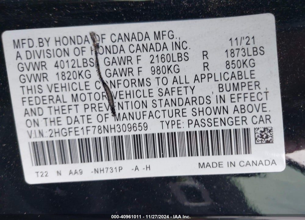 2022 HONDA CIVIC EX VIN: 2HGFE1F78NH309659