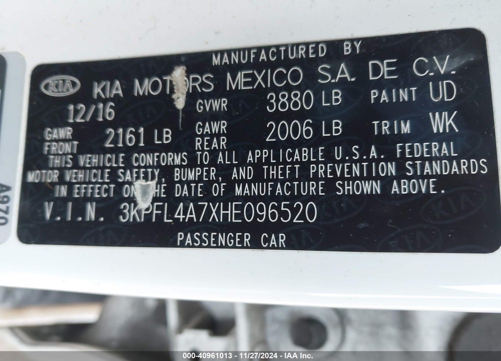 2017 KIA FORTE S VIN: 3KPFL4A7XHE096520