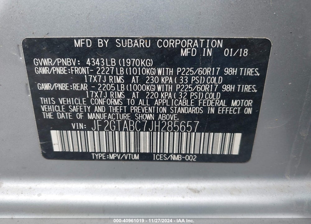 2018 SUBARU CROSSTREK 2.0I PREMIUM VIN: JF2GTABC7JH285657
