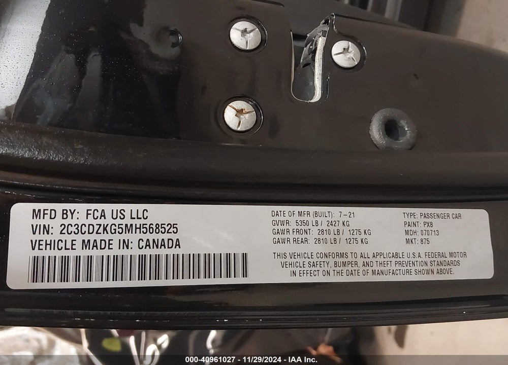 2021 DODGE CHALLENGER GT AWD VIN: 2C3CDZKG5MH568525