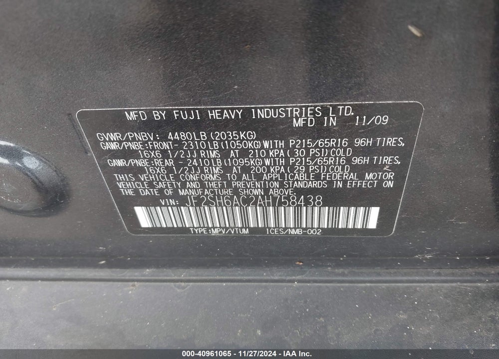 2010 SUBARU FORESTER 2.5X VIN: JF2SH6AC2AH758438