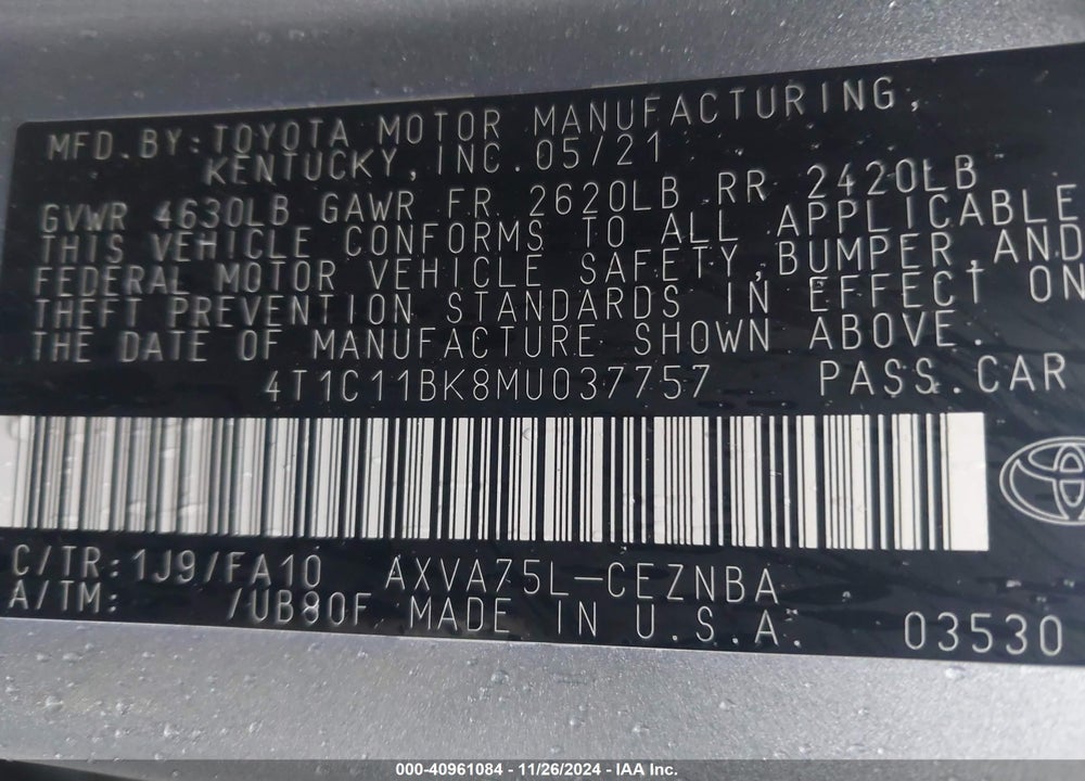 2021 TOYOTA CAMRY LE AWD VIN: 4T1C11BK8MU037757