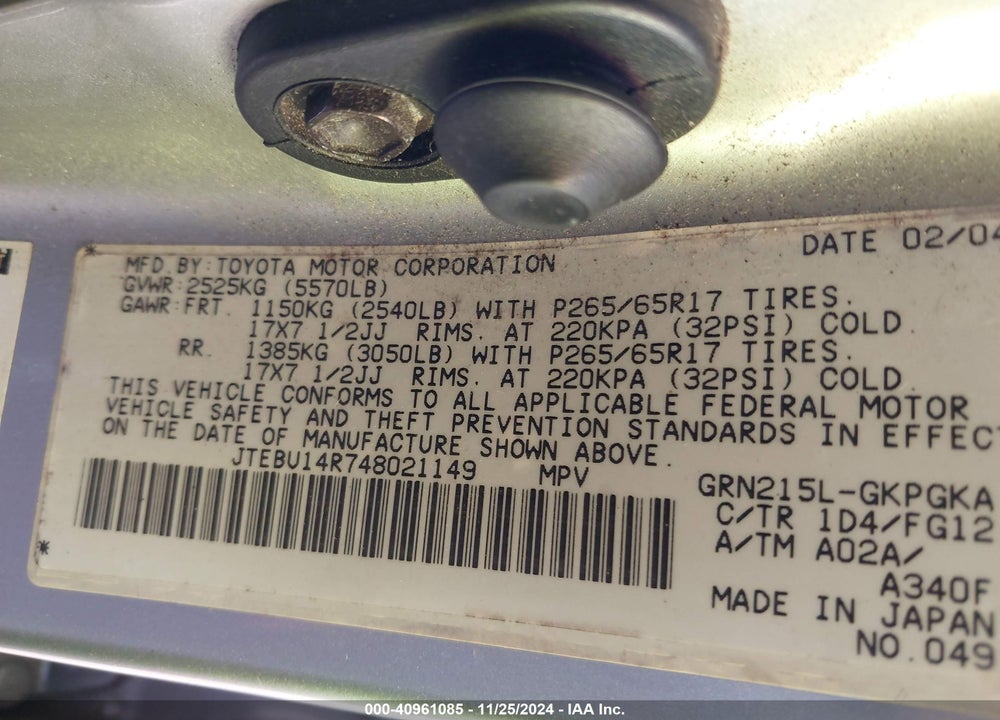 2004 TOYOTA 4RUNNER SR5 V6 VIN: JTEBU14R748021149