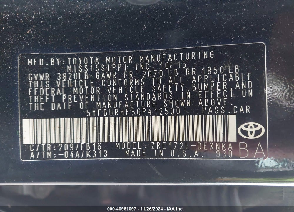 2016 TOYOTA COROLLA VIN: 5YFBURHE5GP412500