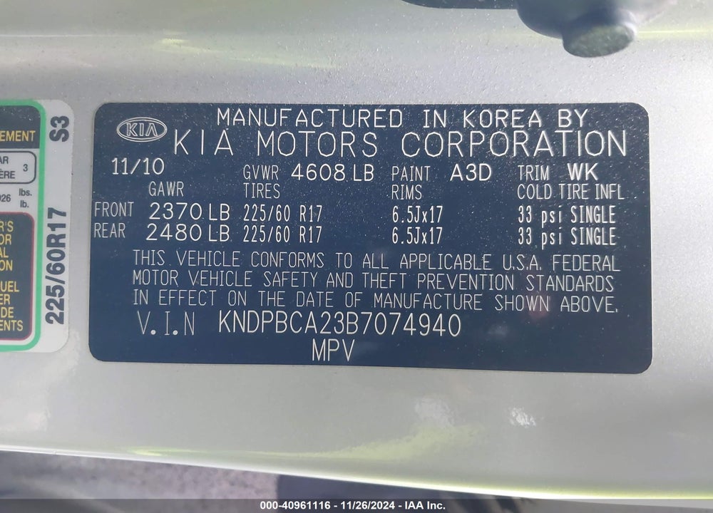 2011 KIA SPORTAGE LX VIN: KNDPBCA23B7074940