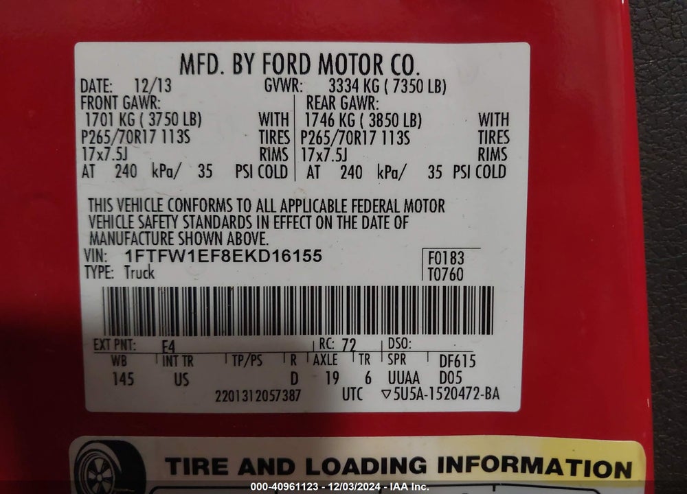 2014 FORD F-150 XLT VIN: 1FTFW1EF8EKD16155