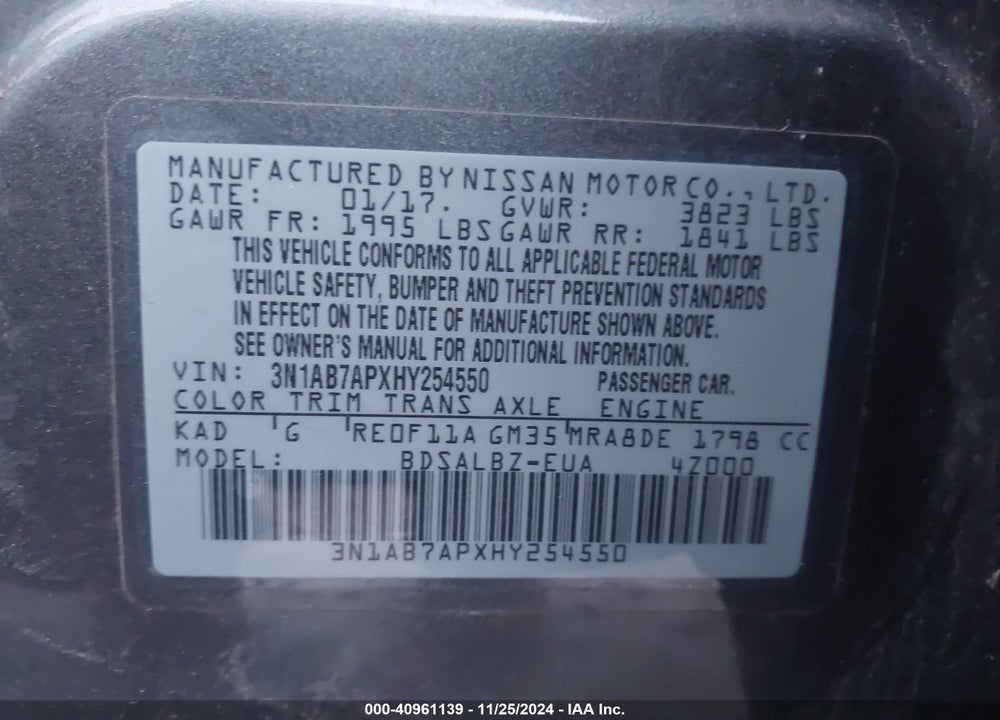 2017 NISSAN SENTRA S VIN: 3N1AB7APXHY254550